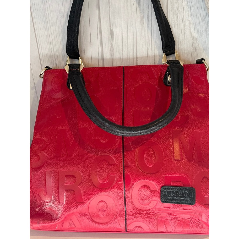 Aidrani Red Embossed Letter Tote Bag Black Handles Gold Hardware Shoulder Bag